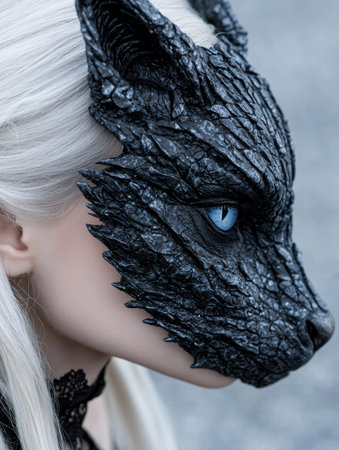 Mysterious dragon-like creature with piercing blue eyesの素材