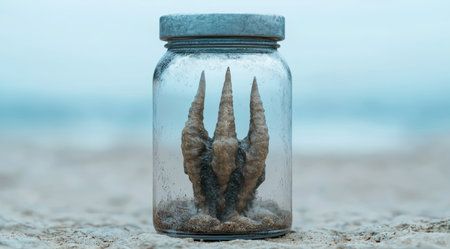 Fossilized claws preserved in glass jar on beachの素材