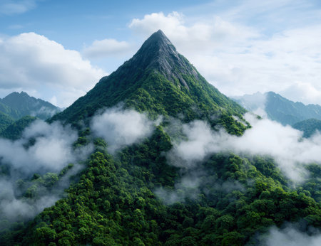 Majestic mountain peak surrounded by lush green forests and cloudsの素材
