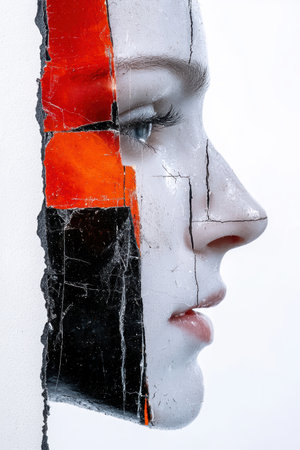 Artistic portrait of a face with cracked textureの素材