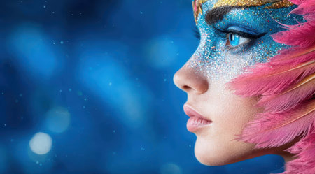 Artistic portrait of a person with vibrant makeup and feathersの素材