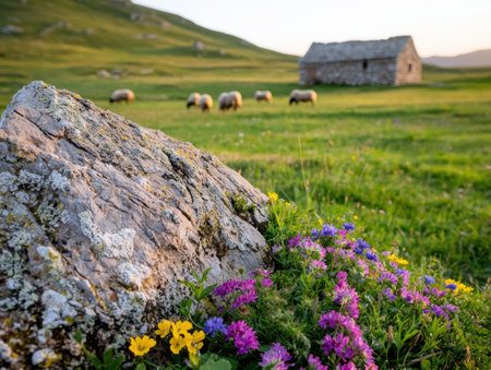 Picturesque pastoral landscape with stone cottage and grazing sheepの素材