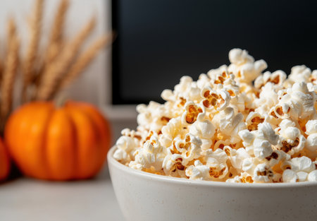 Freshly popped popcorn in a bowl with a pumpkinの素材