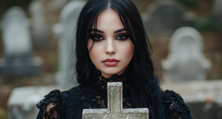 Mysterious woman with dark hair and intense gaze holding a crossの素材