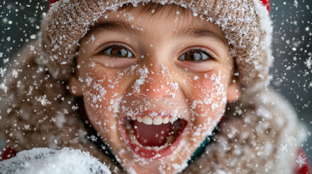 joyful child playing in the snowの素材