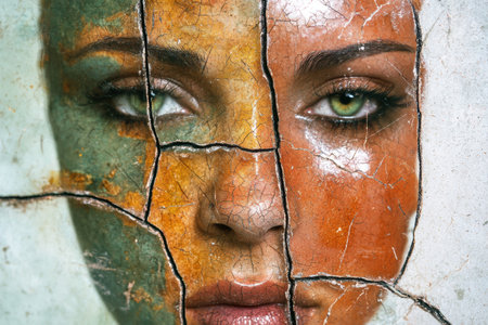 Cracked and weathered face with intense green eyesの素材