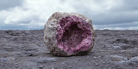 Vibrant amethyst geode against rocky landscapeの素材