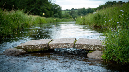 Peaceful river crossing in lush green countrysideの素材