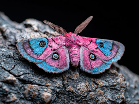 Vibrant pink and blue moth on dark barkの素材
