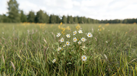Blooming daisies in a meadowの素材