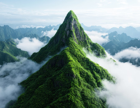 Lush green mountain peak in the cloudsの素材