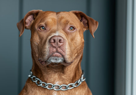 close-up portrait of a brown dog with a chain collarの素材