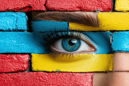 Vibrant eye makeup on colorful brick backgroundの素材
