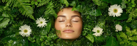 woman relaxing in lush green foliageの素材