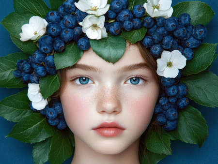 young woman with floral crownの素材