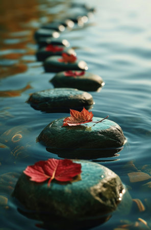 Autumn leaves floating on tranquil waterの素材