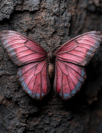 Vibrant butterfly on dark barkの素材