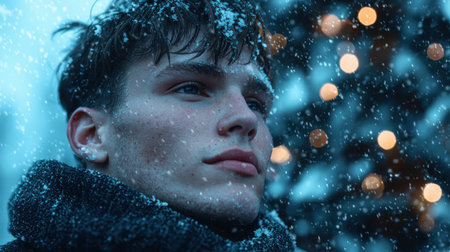 Pensive young man in snowfallの素材