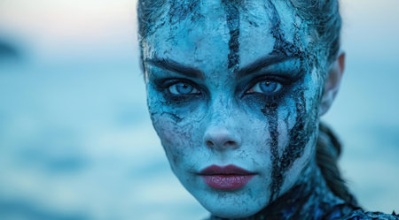 Mysterious blue-skinned woman with intense gazeの素材