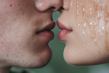 Close-up of a person's face with wet skin and lipsの素材