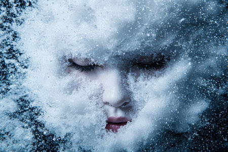 Frozen face in winter snowstormの素材