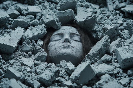 frozen face in icy rubbleの素材