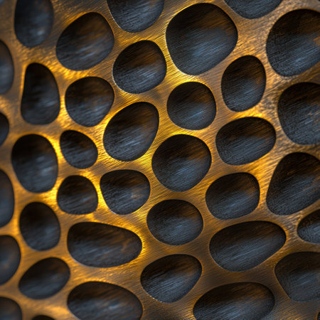 Intricate wooden pattern with illuminated circlesの素材