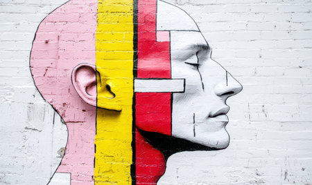 Colorful abstract face mural on a white brick wallの素材