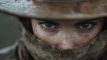 Intense eyes of a person in a military uniformの素材