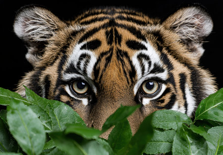 close-up of a tiger's eyes peering through leavesの素材