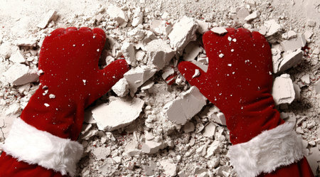 Festive red santa claus gloves on snowy backgroundの素材