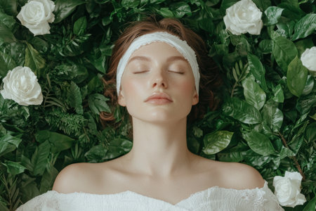 woman relaxing in nature surrounded by flowersの素材