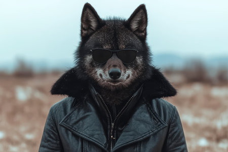 Stylish wolf wearing sunglasses and leather jacketの素材