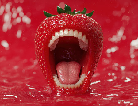 Closeup of a juicy red strawberry with an open mouthの素材