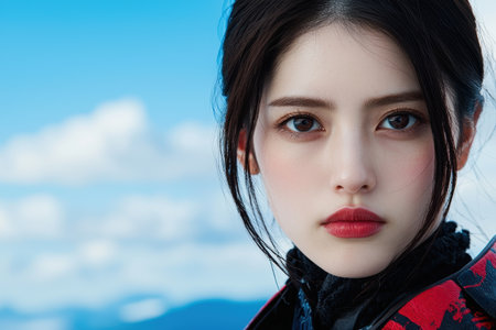 Captivating portrait of a young asian woman with red lips and dark hair against a blue skyの素材
