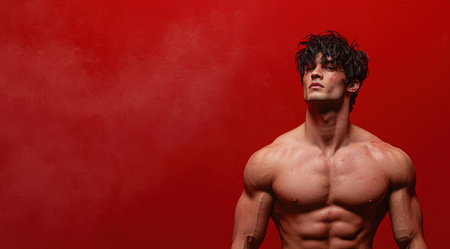 muscular male model posing shirtless against red backgroundの素材