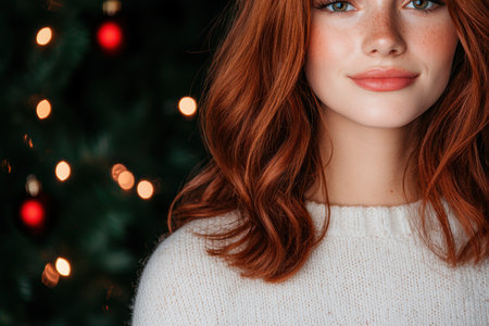 Redheaded woman with blue eyes and soft smileの素材