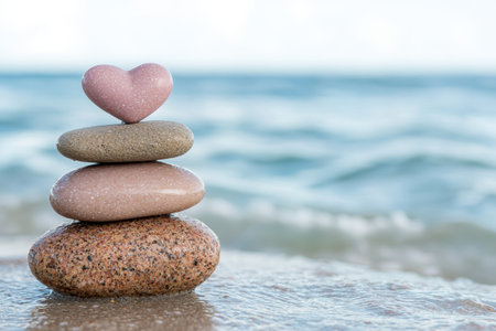 heart-shaped stone on stacked pebbles by the oceanの素材