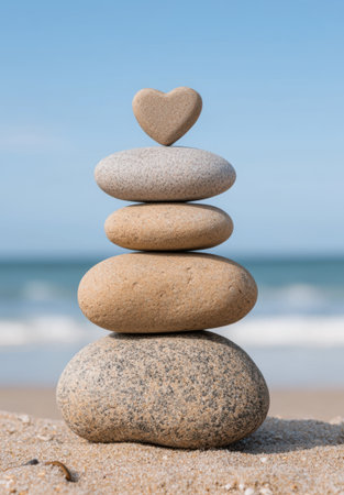 Stacked stones with heart-shaped rock on beachの素材