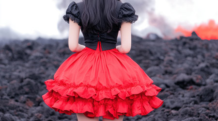 woman in dramatic gothic fashion against volcanic landscapeの素材