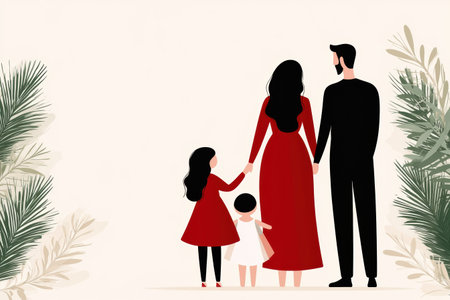 family portrait of parents and children in red and black outfitsの素材
