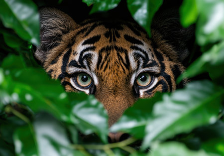 Intense tiger eyes peering through lush foliageの素材