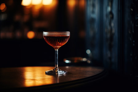 Elegant cocktail in dimly lit bar settingの素材