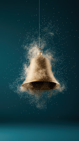 Sparkling golden bell ornament against dark teal backgroundの素材