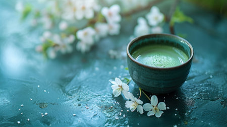 green tea matcha drink with spring flowersの素材