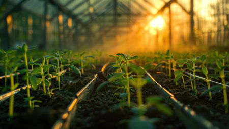 Seedlings growing in greenhouse at sunsetの素材