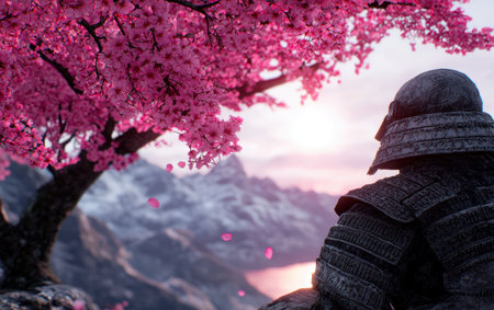 Serene cherry blossom landscape with person in traditional clothingの素材