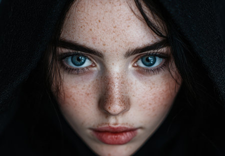 Intense blue eyes of a young woman with frecklesの素材