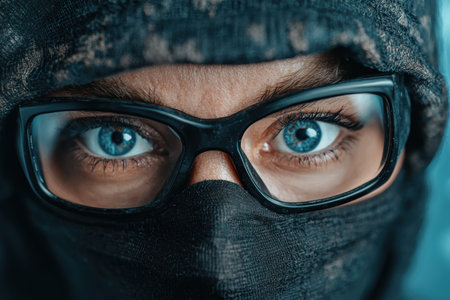 Mysterious person with striking blue eyesの素材