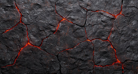 Molten lava flowing through cracked volcanic rockの素材